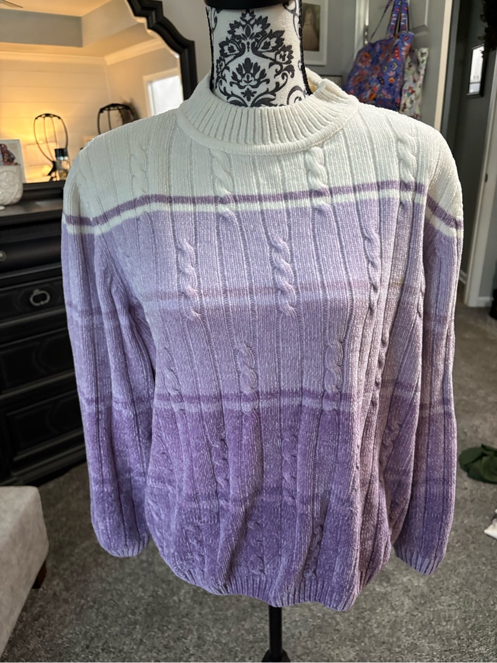 Alfred Dunner Lavender and Cream Ombre Cable-Knit Crewneck Sweater